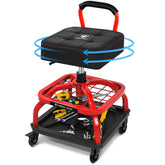 FREEKYROCK front view of red rolling shop stool showing sturdy frame and seat for workshop efficiency