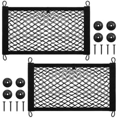 Frienda front view of two small cargo nets showing compact package and hooks included