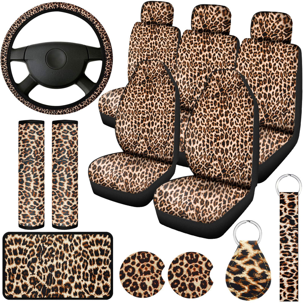 Frienda front seat cover showing leopard pattern and seat protection benefit