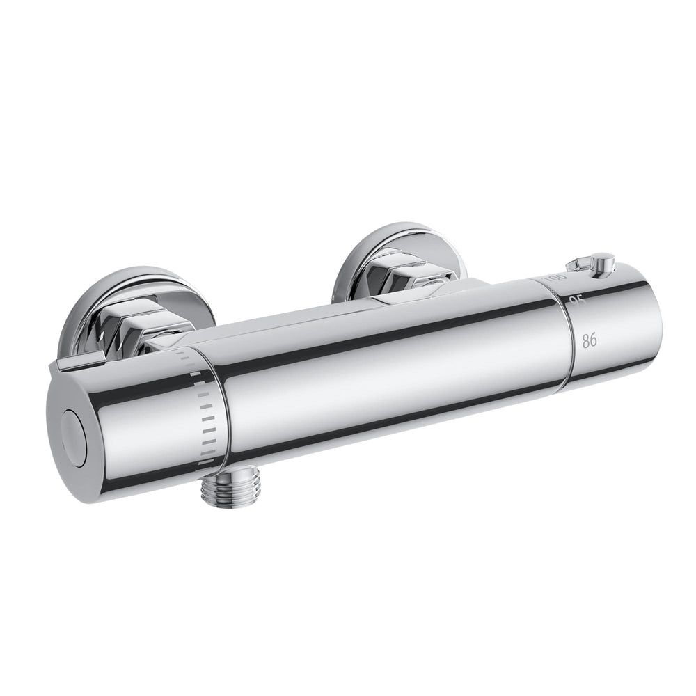 FUGO front view of RV thermostatic faucet showing controls and chrome finish benefit durable styling