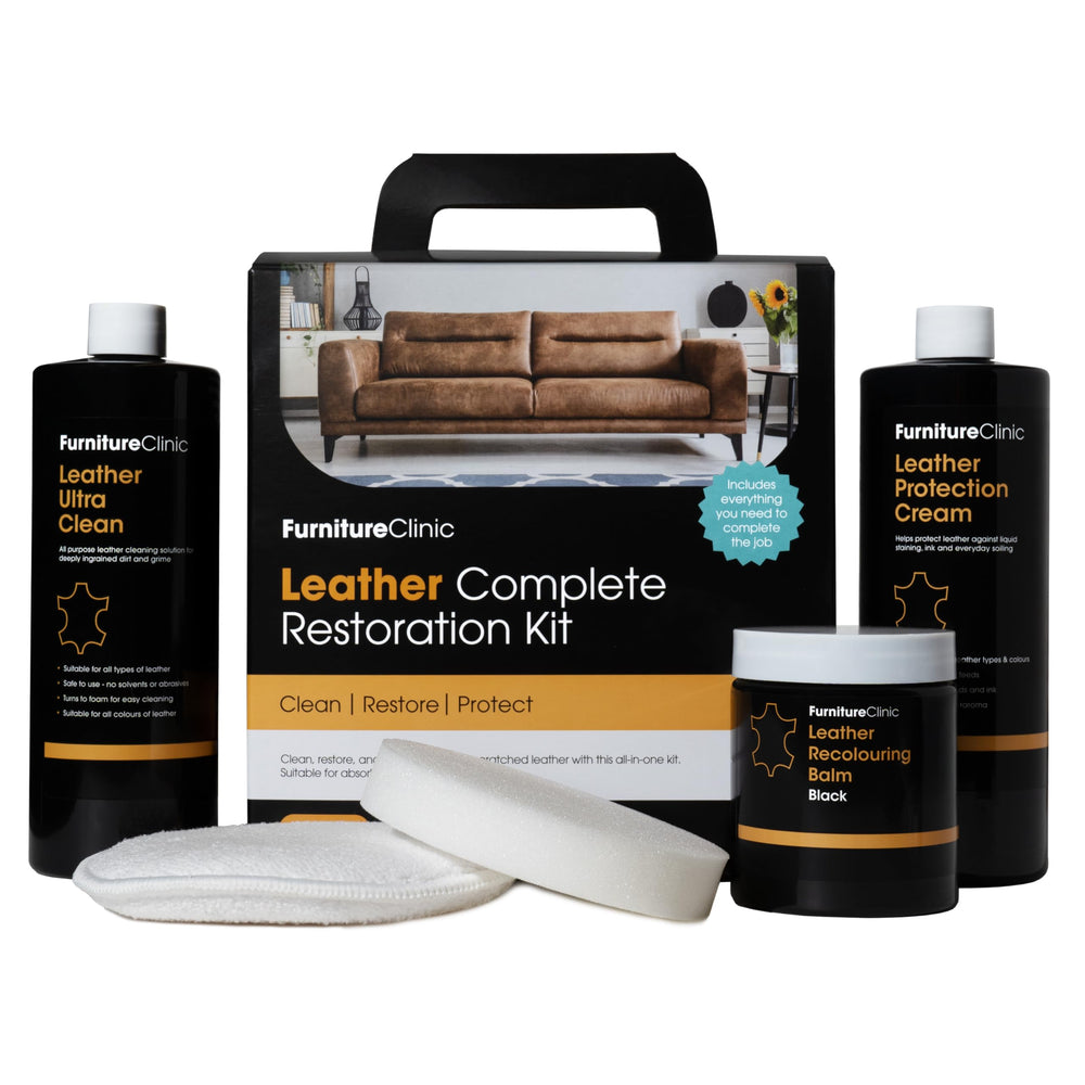 Furniture Clinic kit front packaging showing all five pieces and clear labeling benefit: complete restoration