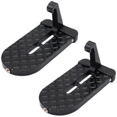 FUZZLUXX front view of two black door steps showing compact pair and benefits
