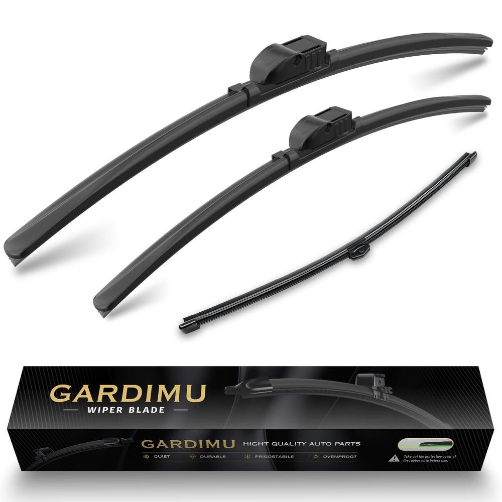GARDIMU front and rear wiper set packaging showing fitment for Porsche Cayenne and clear replacement benefit