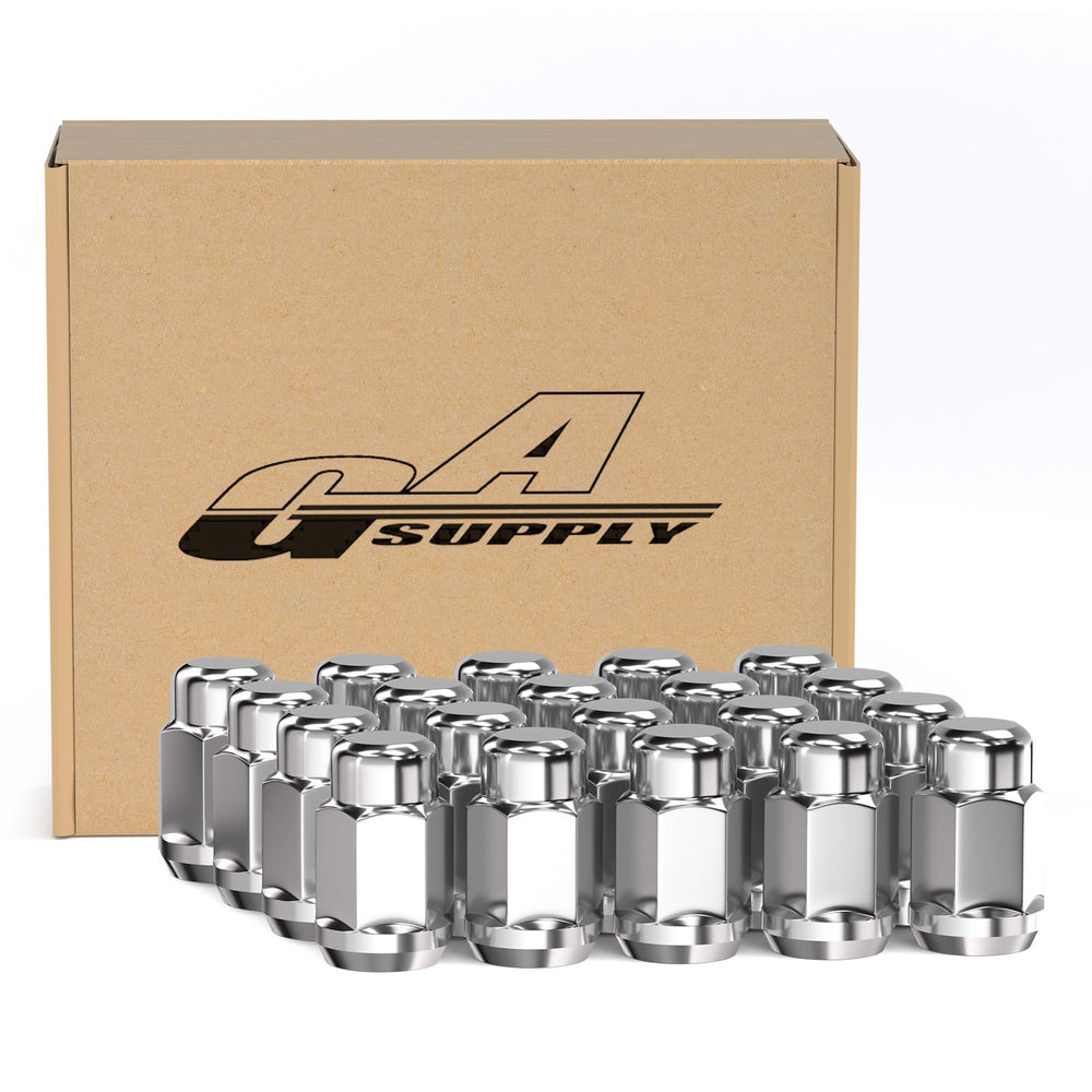 GAsupply front view of box with 20 chrome lug nuts showing polished finish and packaging benefit