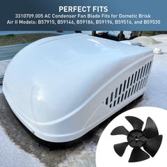 GEAIN fan blade installed in a Dometic Brisk Air II condenser demonstrating correct fit and restored airflow