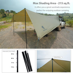 GEERTOP awning attached to vehicle showing shade and quick buckle connection