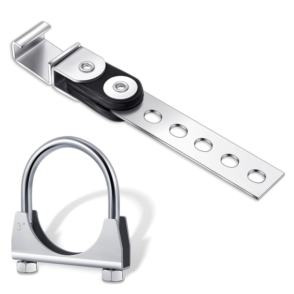 Geetery front view of hanger set showing silver bracket and U-bolt, durable support