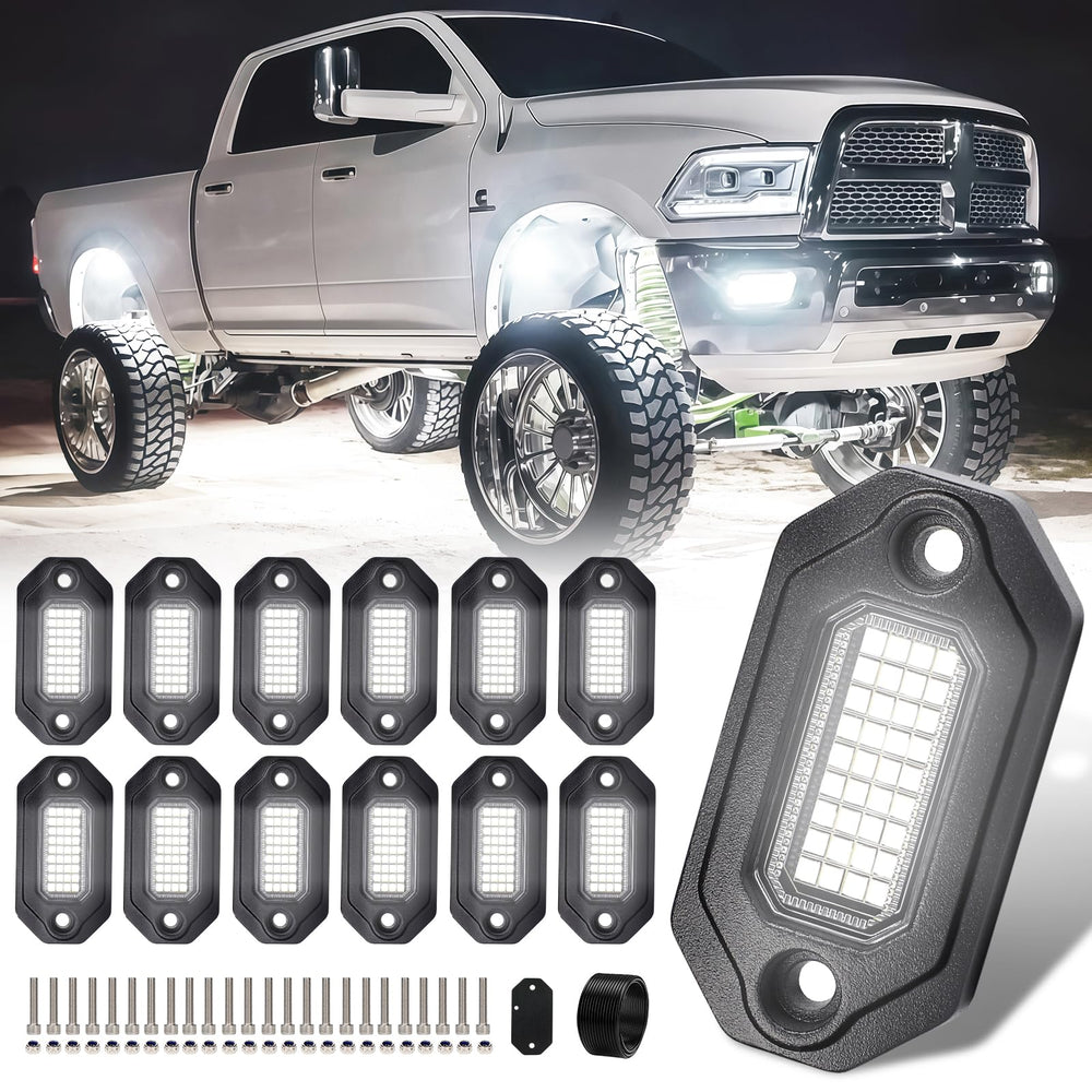 Generic front view of 12‑pack rock lights showing complete kit and brightness benefit
