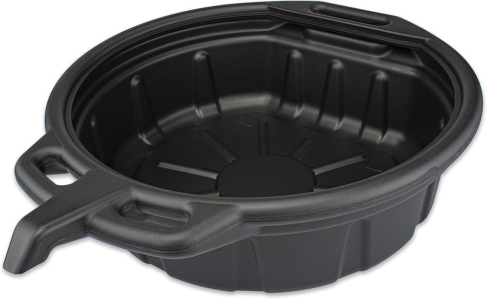 Generic front view of 4.5-gallon drain pan showing capacity and easy handling
