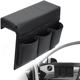 Generic black leather armrest bag front view showing neat fit and easy access - Generic brand benefit: organized storage