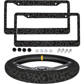 Generic leopard print license plate frames front view showing durable aluminum and stylish look