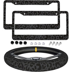 Generic leopard print license plate frames front view showing durable aluminum and stylish look