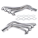 Generic brand long-tube header front view showing fitment and polished benefit