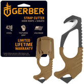 Gerber front view showing compact coyote brown rescue tool and sheath for quick access