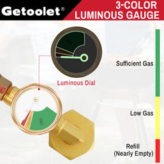 Getoolet valve and three-color gauge close-up for easy monitoring and controlled transfers