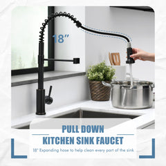 GIMILI pull-down sprayer extended demonstrating full sink coverage and flexible hose
