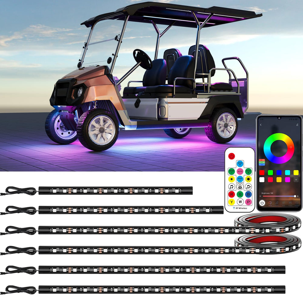 Glowlendra front view on golf cart showing full underglow and enhanced curb appeal