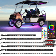 Glowlendra front view on golf cart showing full underglow and enhanced curb appeal