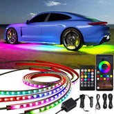 Glowlendra front view installed under car showcasing bright multicolor glow