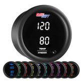 GlowShift front view of dual temp and pressure gauge showing clear displays and colors