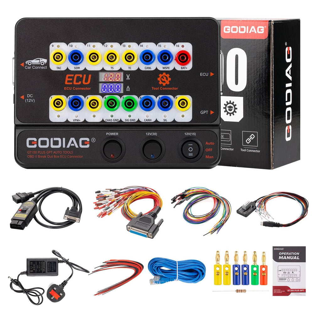 GODIAG GT100+ front panel view showing controls and ports for quick setup
