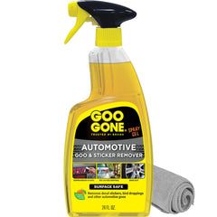 Goo Gone front packaging showing 24 oz bottle and included towel for easy cleaning