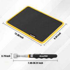 GRENPRO telescoping pickup tool extended in engine bay retrieving a dropped bolt