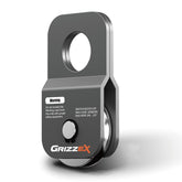 GRIZZEX front view of snatch block showing shackle mount and pulley, demonstrating solid construction