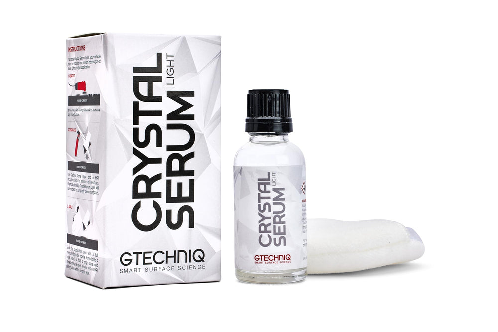 Gtechniq bottle front showing Crystal Serum Light and a premium finish benefit