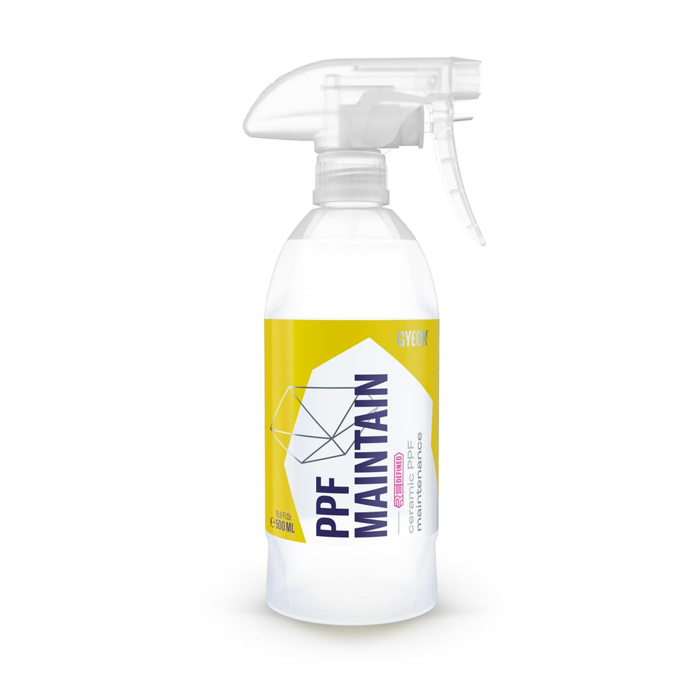 Gyeon bottle front view showing product branding and splash-resistant design benefit