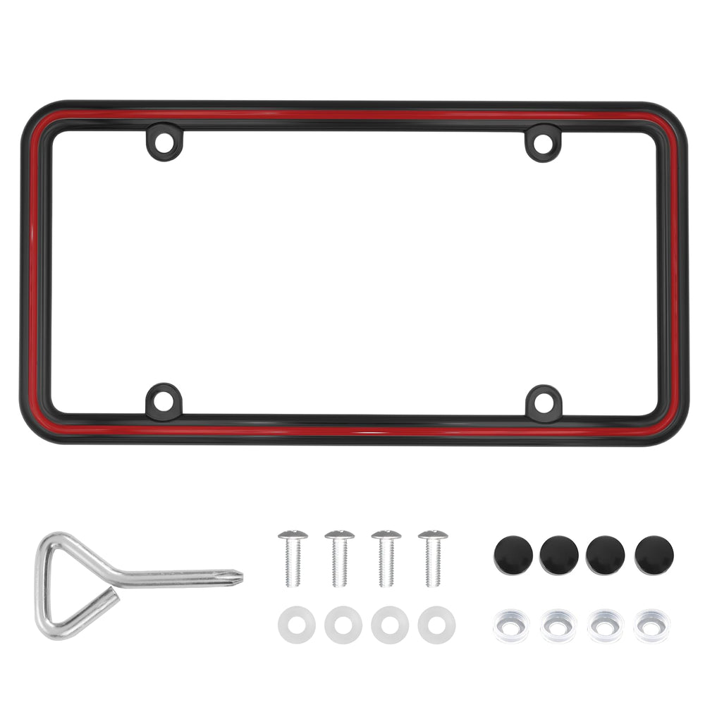 Hanwell Products front view of black-red license plate frame showing clean fit and finish