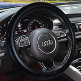 HAOKAY front view of genuine cowhide steering wheel cover showing premium finish and fit benefit