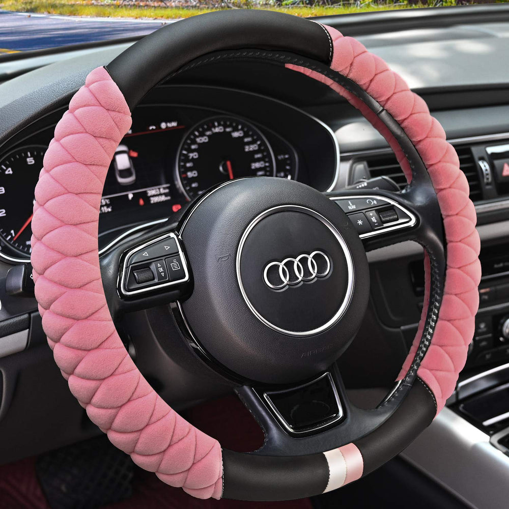 HAOKAY pink steering wheel cover front view showing soft plush and cozy upgrade