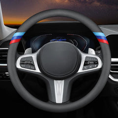 HAOTULE front view of black nappa leather steering wheel cover showing three-color stripe and sleek fit