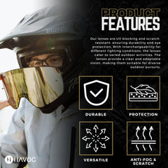 Havoc Racing lens mounted on goggles in use while snowboarding for improved low-light visibility