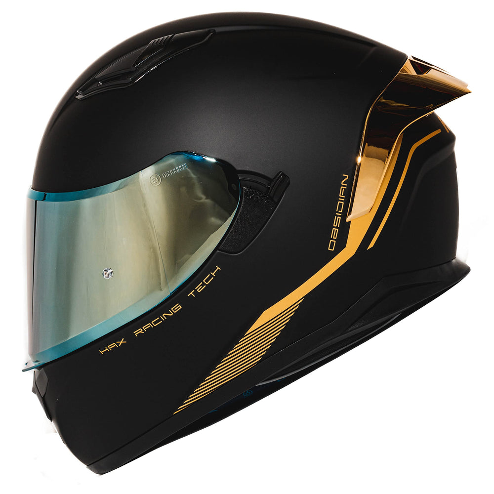 HAX front view matte black gold helmet showing full-face protection and style