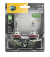 Hella front packaging showing twin H11P50TB bulbs and product info for easy identification