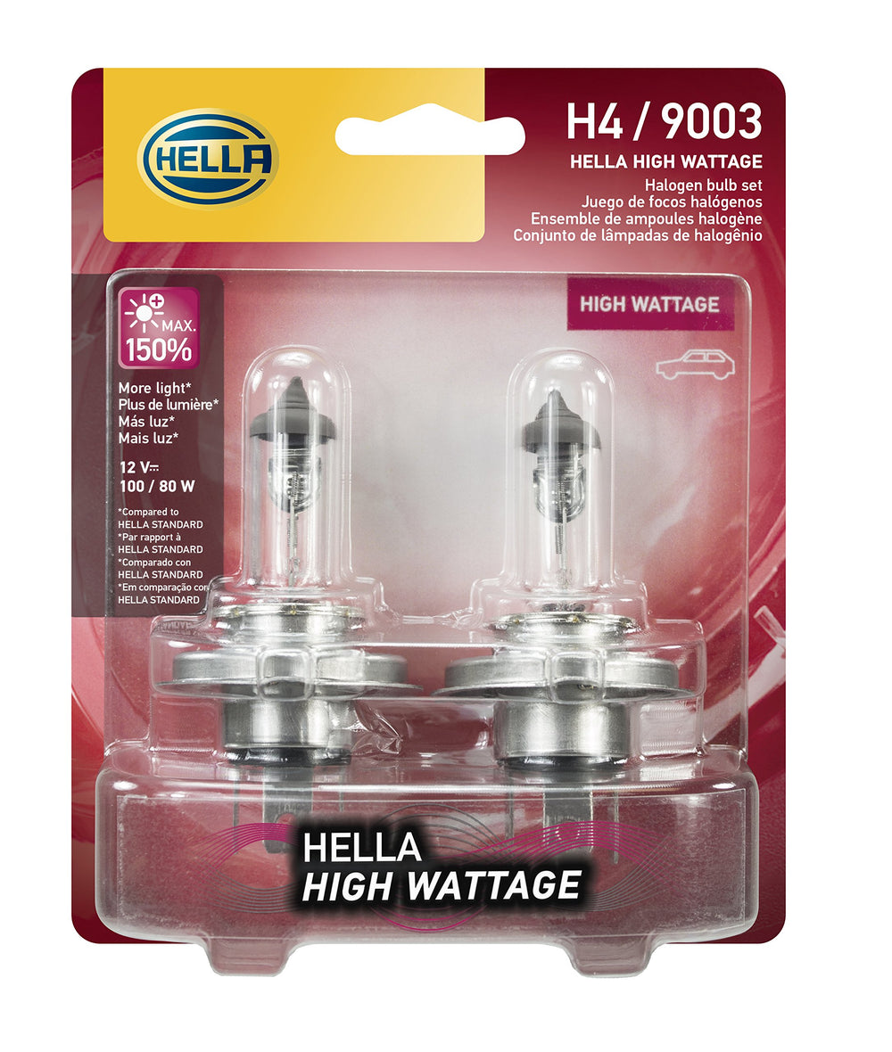 Hella front packaging showing two H4 100/55WTB bulbs and clear labeling for brightness benefits