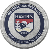 Hestra leather balm front jar showing label and compact packaging for easy storage