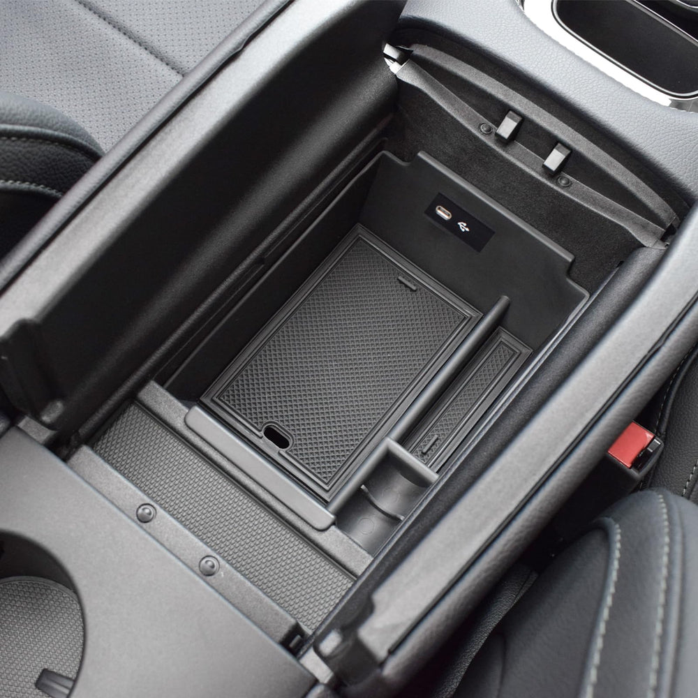 HGWEI front view of center console organizer showing neat fit and quick access