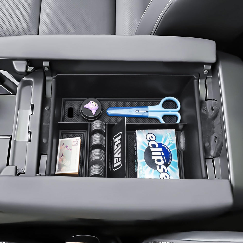 HGWEI front view of center console organizer shows neat storage and quick reach