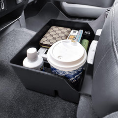 HGWEI front view installed underseat organizer that blends with OEM interior and increases storage