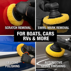 HI-BUFF pad in use on a car hood demonstrating effective swirl and defect removal
