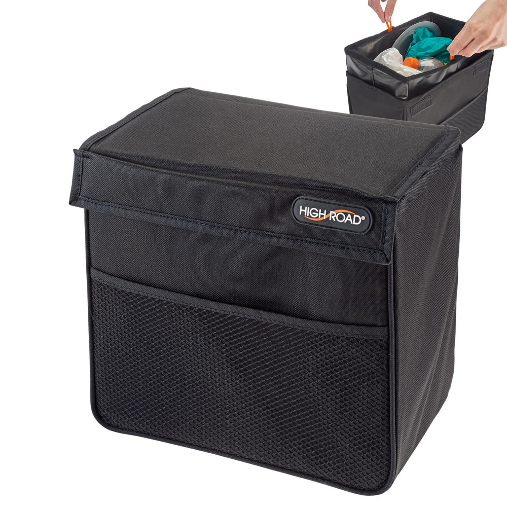 High Road trash can on front passenger floor showing compact fit and tidy interior