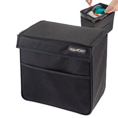 High Road trash can on front passenger floor showing compact fit and tidy interior