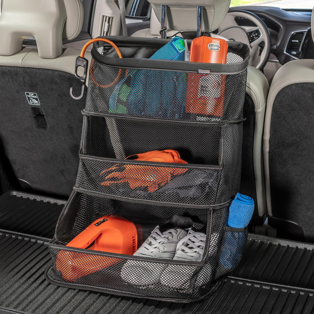 High Road front view hanging organizer showing three accessible mesh bins and tidy storage
