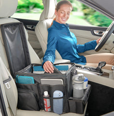 High Road front view of seat organizer showing overall pockets and stability benefit