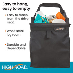 High Road TrashStash hanging on front seat illustrating reachable placement and floor clearance benefit