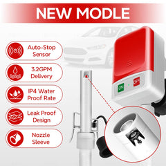 HiNADA pump with 51-inch hose inserted into a fuel tank, enabling deep-reach transfer without lifting