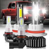 HOEDUI front view of packaged LED kit showing all four bulbs and benefits